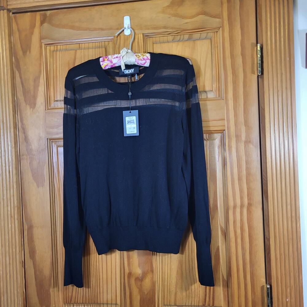 NWT DKNY Long Sleeve Crew Neck Stripe Mesh Yoke Sweater BLACK MED
